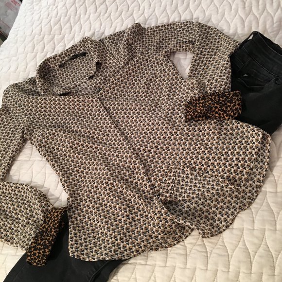 Zara Tan Yellow Black Flower Print Blouse - Picture 5 of 8